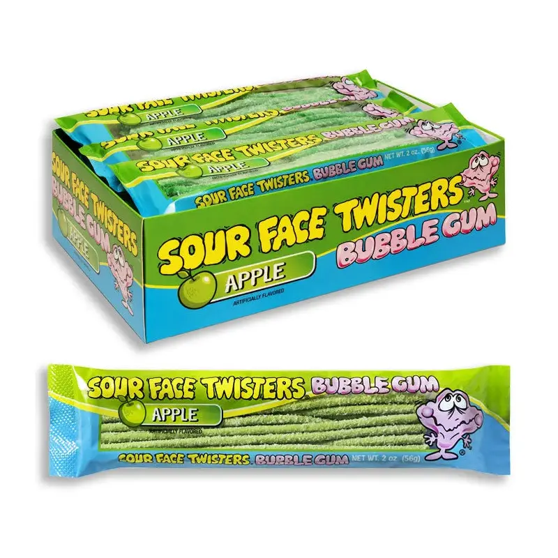 Face Twisters Sour Bubblegum Straws - Green Apple: 12-Piece Display