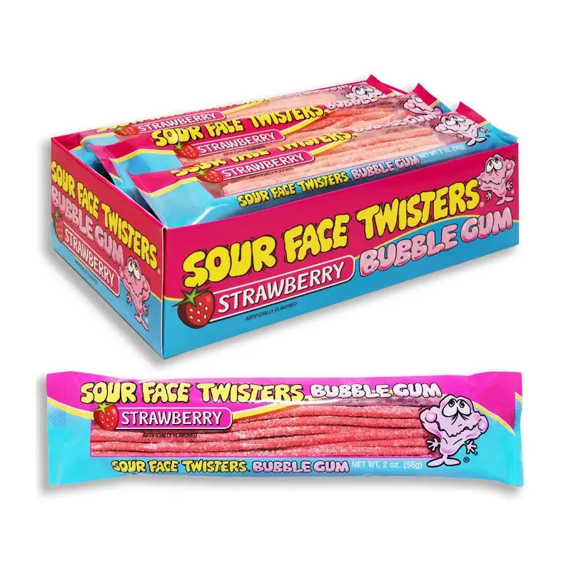 Face Twisters Sour Bubblegum Straws - Strawberry: 12-Piece Display