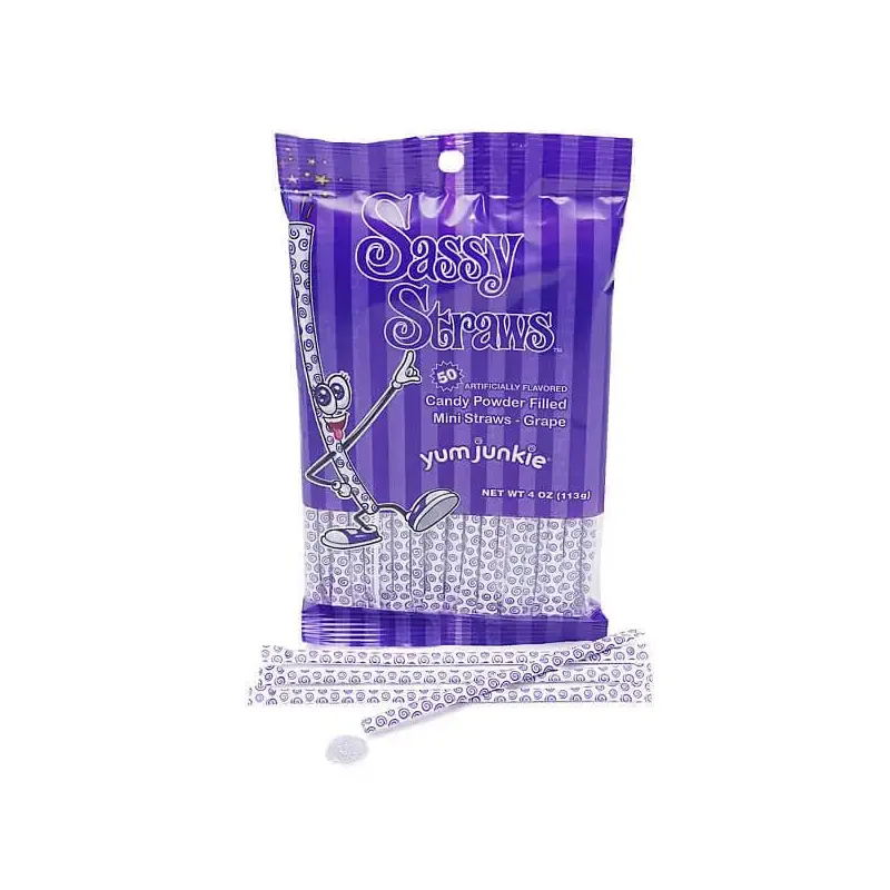 YumJunkie Sassy Straws Candy Powder Filled Mini Straws - Grape: 50-Piece Bag