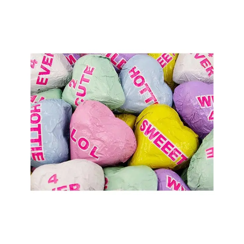 Foiled Conversation Milk Chocolate Candy Hearts: 4LB Bag