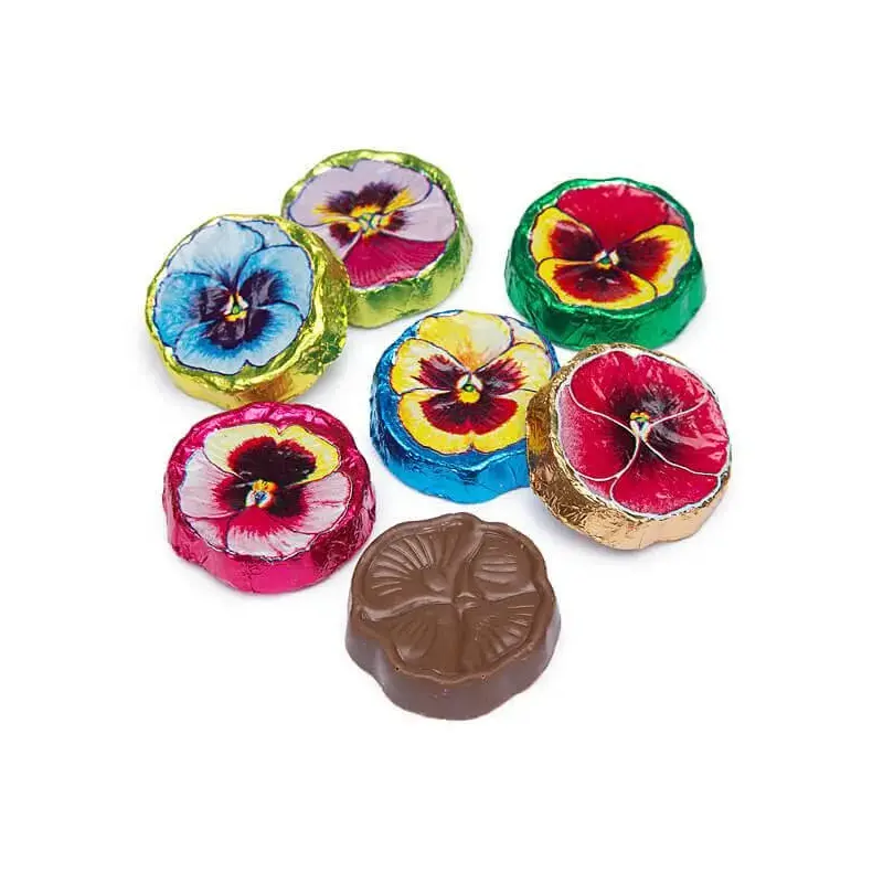 Madelaine Foiled Milk Chocolate Flower Wafers - Pansies: 5LB Bag