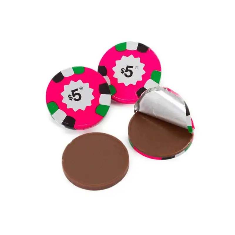 Madelaine Foiled Milk Chocolate Poker Chips - $5 Pink: 5LB Bag