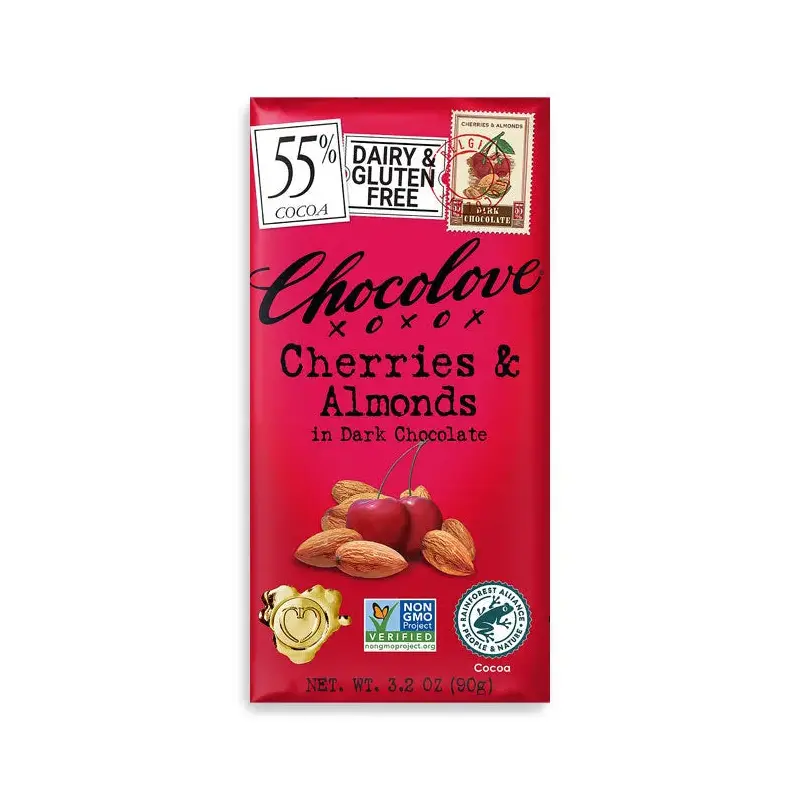 Chocolove Cherries & Almonds Dark Chocolate Candy Bars: 12-Piece Box