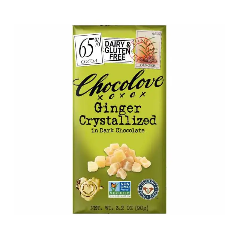 Chocolove Ginger Crystallized Dark Chocolate Candy Bars: 12-Piece Box