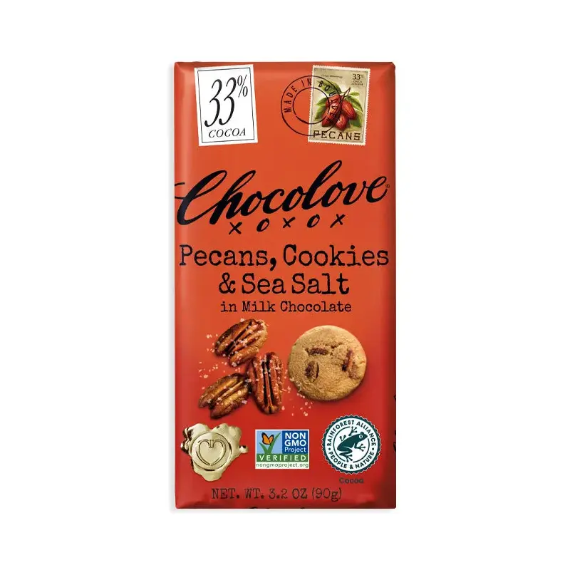 Chocolove Pecans, Cookies & Sea Salt Milk Chocolate Candy Bars: 12-Piece Box