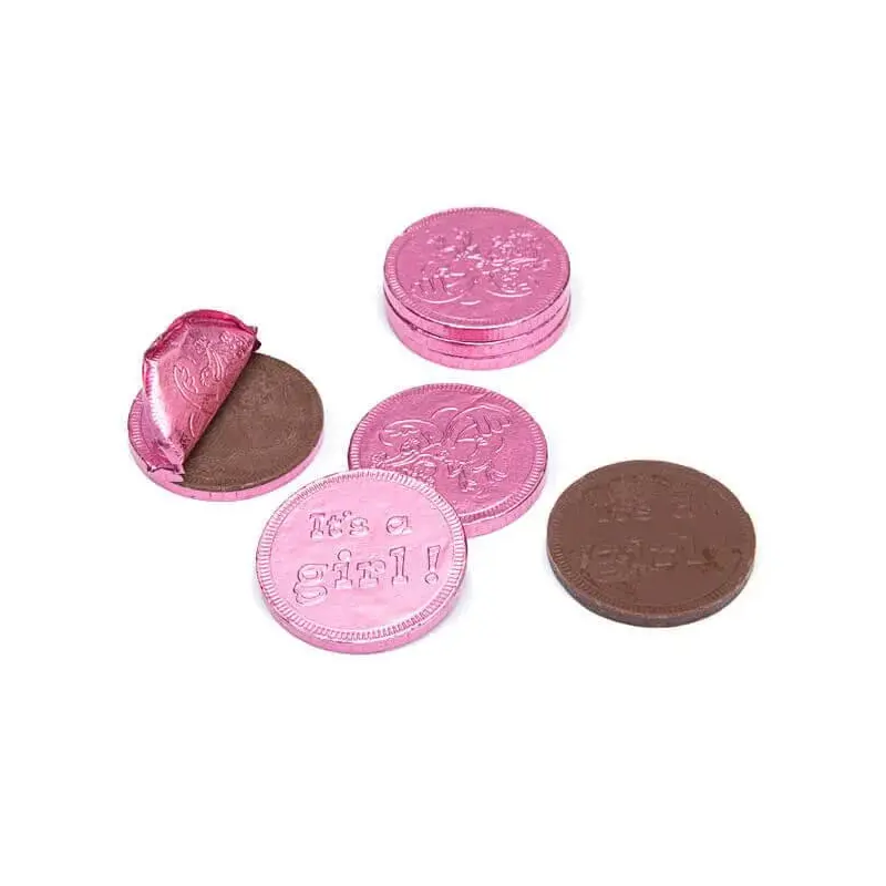 Pink Foiled Baby Girl Milk Chocolate Coins: 1LB Bag
