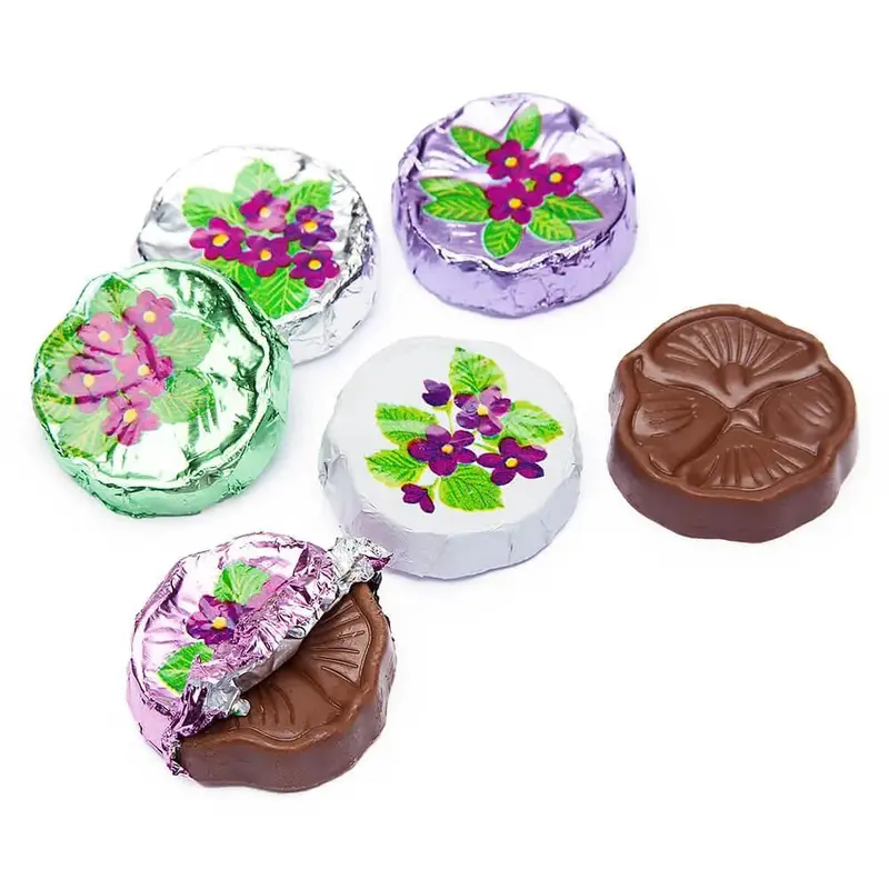 Madelaine Foiled Milk Chocolate Flower Wafers - Violets: 10LB Case