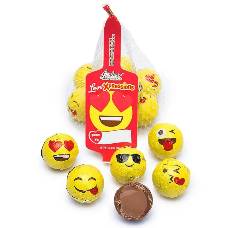 Palmer Love Xpressions Valentine Emojis Foiled Chocolate Balls in Mesh Bags: 18-Piece Box